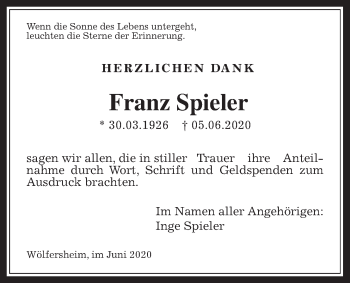 Traueranzeige von Franz Spieler von Wetterauer Zeitung