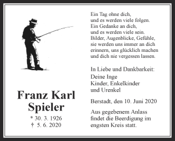 Traueranzeige von Franz Karl Spieler von Wetterauer Zeitung