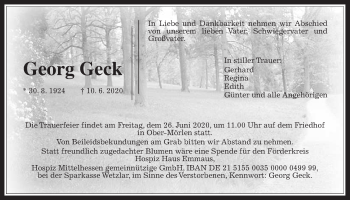 Traueranzeige von Georg Geck von Wetterauer Zeitung