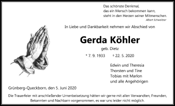 Traueranzeige von Gerda Köhler von Giessener Allgemeine, Alsfelder Allgemeine