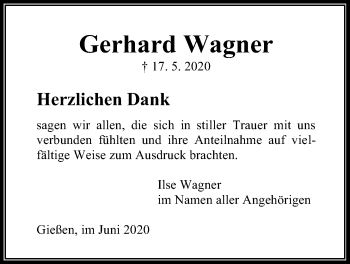 Traueranzeige von Gerhard Wagner von Giessener Allgemeine, Alsfelder Allgemeine