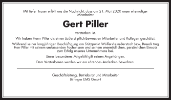 Traueranzeige von Gert Piller von Giessener Allgemeine, Alsfelder Allgemeine