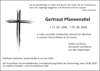 Traueranzeige von Gertraut Pfannenstiel von Giessener Allgemeine, Alsfelder Allgemeine
