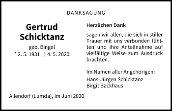 Traueranzeige von Gertrud Schicktanz von Giessener Allgemeine, Alsfelder Allgemeine
