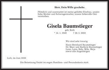 Traueranzeige von Gisela Baumstieger von Licher Wochenblatt