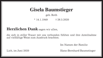 Traueranzeige von Gisela Baumstieger von Giessener Allgemeine, Alsfelder Allgemeine