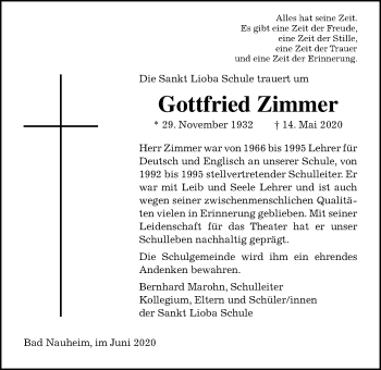 Traueranzeige von Gottfried Zimmer von Wetterauer Zeitung