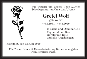 Traueranzeige von Gretel Wolf von Wetterauer Zeitung