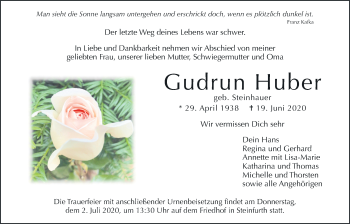 Traueranzeige von Gudrun Huber von Wetterauer Zeitung
