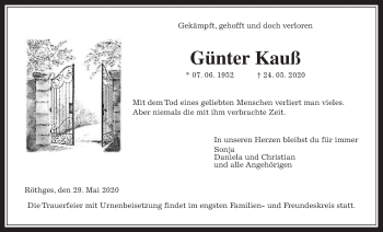 Traueranzeige von Günter Kauß von Laubacher Anzeiger