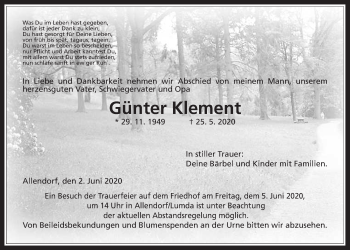 Traueranzeige von Günter Klement von Giessener Allgemeine, Alsfelder Allgemeine