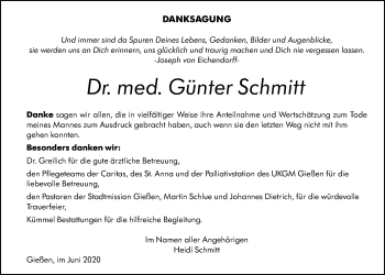 Traueranzeige von Günter Schmitt von Giessener Allgemeine, Alsfelder Allgemeine