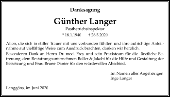 Traueranzeige von Günther Langer von Giessener Allgemeine, Alsfelder Allgemeine