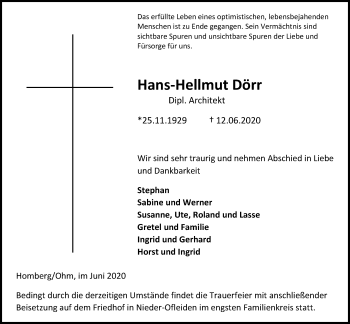 Traueranzeige von Hans-Hellmut Dörr von Giessener Allgemeine, Alsfelder Allgemeine