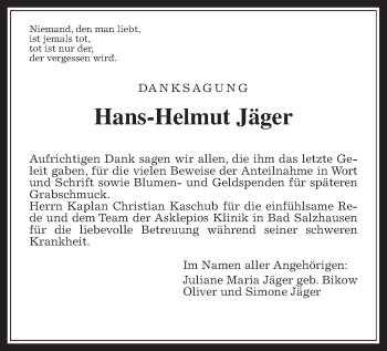 Traueranzeige von Hans-Helmut Jäger von Wetterauer Zeitung, Giessener Allgemeine, Alsfelder Allgemeine