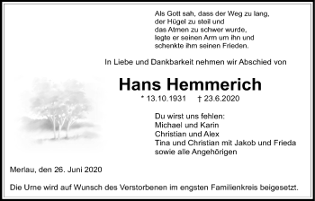 Traueranzeige von Hans Hemmerich von Giessener Allgemeine, Alsfelder Allgemeine