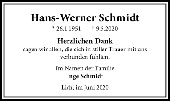 Traueranzeige von Hans-Werner Schmidt von Licher Wochenblatt