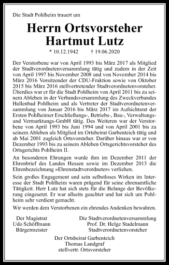 Traueranzeige von Hartmut Lutz von Pohlheimer Nachrichten