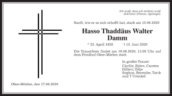 Traueranzeige von Hasso Thaddäus Walter Damm von Wetterauer Zeitung
