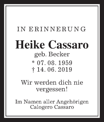 Traueranzeige von Heike Cassaro von Giessener Allgemeine, Alsfelder Allgemeine