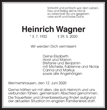 Traueranzeige von Heinrich Wagner von Rabenauer Zeitung