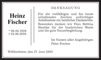 Traueranzeige von Heinz Fischer von Wetterauer Zeitung
