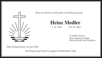 Traueranzeige von Heinz Medler von Wetterauer Zeitung