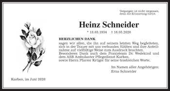 Traueranzeige von Heinz Schneider von Wetterauer Zeitung