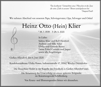 Traueranzeige von Heinz Otto Klier von Giessener Allgemeine, Alsfelder Allgemeine