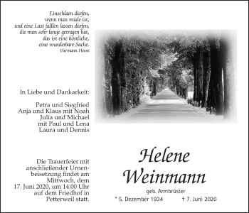 Traueranzeige von Helene Weinmann von Wetterauer Zeitung