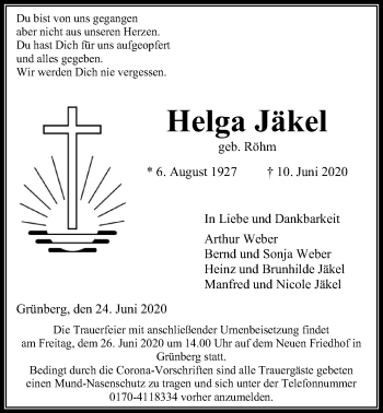 Traueranzeige von Helga Jäkel von Giessener Allgemeine, Alsfelder Allgemeine
