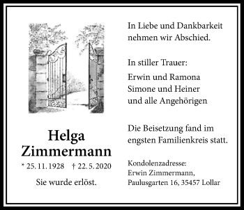 Traueranzeige von Helga Zimmermann von Giessener Allgemeine, Alsfelder Allgemeine