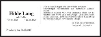 Traueranzeige von Hilde Lang von Wetterauer Zeitung