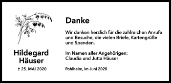 Traueranzeige von Hildegard Häuser von Giessener Allgemeine, Alsfelder Allgemeine
