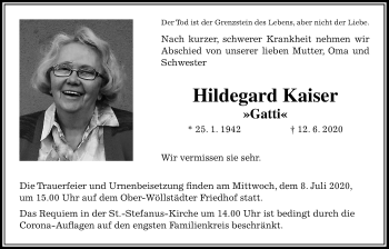 Traueranzeige von Hildegard Kaiser von Wetterauer Zeitung