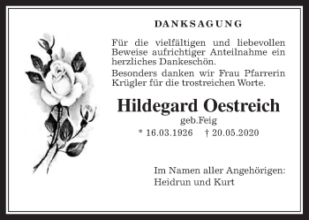 Traueranzeige von Hildegard Oestreich von Wetterauer Zeitung