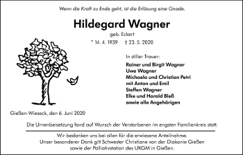 Traueranzeige von Hildegard Wagner von Giessener Allgemeine, Alsfelder Allgemeine