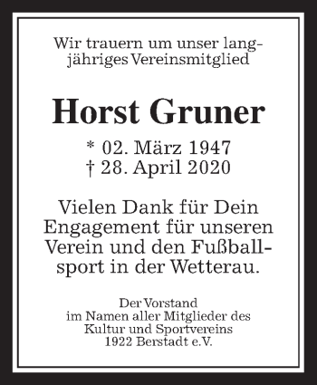 Traueranzeige von Horst Gruner von Wetterauer Zeitung