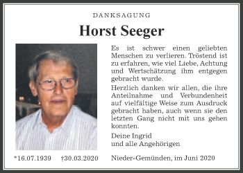 Traueranzeige von Horst Seeger von Alsfelder Allgemeine