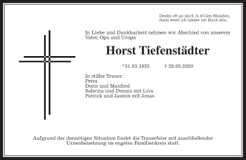 Traueranzeige von Horst Tiefenstädter von Wetterauer Zeitung