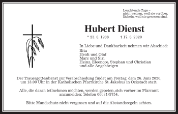Traueranzeige von Hubert Dienst von Wetterauer Zeitung