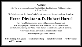 Traueranzeige von Hubert Hartel von Giessener Allgemeine, Alsfelder Allgemeine