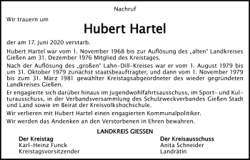 Traueranzeige von Hubert Hartel von Giessener Allgemeine, Alsfelder Allgemeine