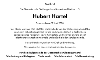 Traueranzeige von Hubert Hartel von Giessener Allgemeine, Alsfelder Allgemeine