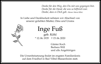 Traueranzeige von Inge Fuß von Bad Vilbel/Karben
