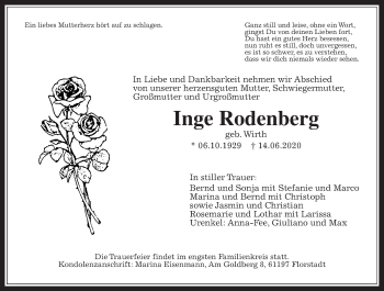Traueranzeige von Inge Rodenberg von Wetterauer Zeitung
