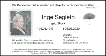 Traueranzeige von Inge Segieth von Wetterauer Zeitung