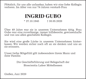 Traueranzeige von Ingrid Gubo von Giessener Allgemeine, Alsfelder Allgemeine