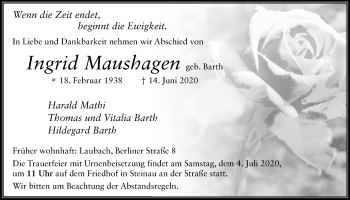Traueranzeige von Ingrid Maushagen von Laubacher Anzeiger