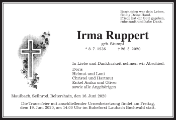 Traueranzeige von Irma Ruppert von Giessener Allgemeine, Alsfelder Allgemeine